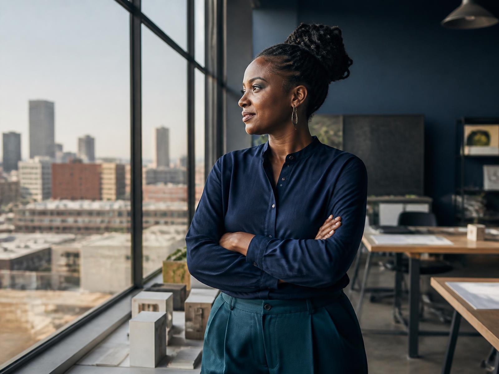 An African woman entrepreneur looking out over a city skyline from a modern workspace.