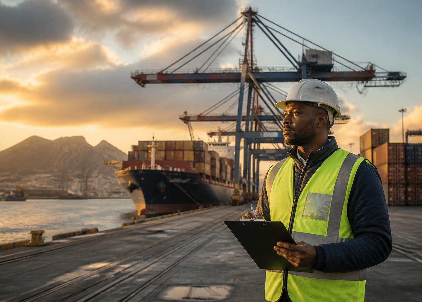A port worker with a clipboard beside container cranes at an African harbour at sunrise.